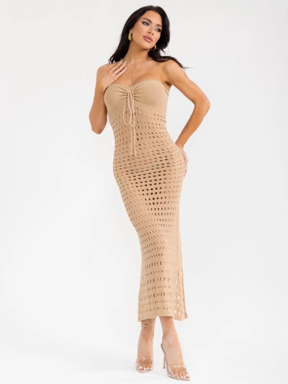 "Beige Botany" Women's Sleeveless Back Slit Body Con Knitted Tube Maxi Dress